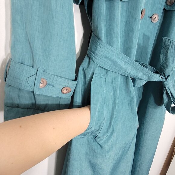 Luba Paris Vintage Teal Green Trench Double Breasted Tie Waist Long Sleeve Coat - Picture 6 of 14